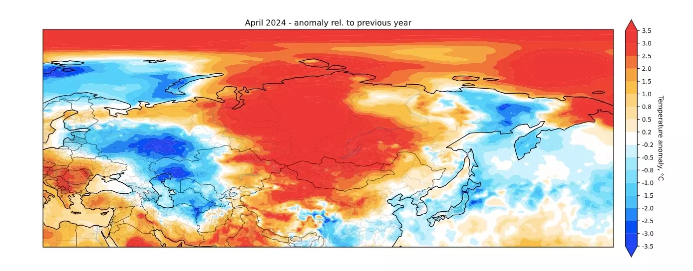 Апрель 2024 года, аномалии в температуре по сравнению с прошлым годом