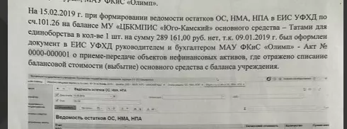 Выписка из бухгалтерской документации. Маты не передавали учреждению, которое возглавила Лихачёва, потому что их списали ранее