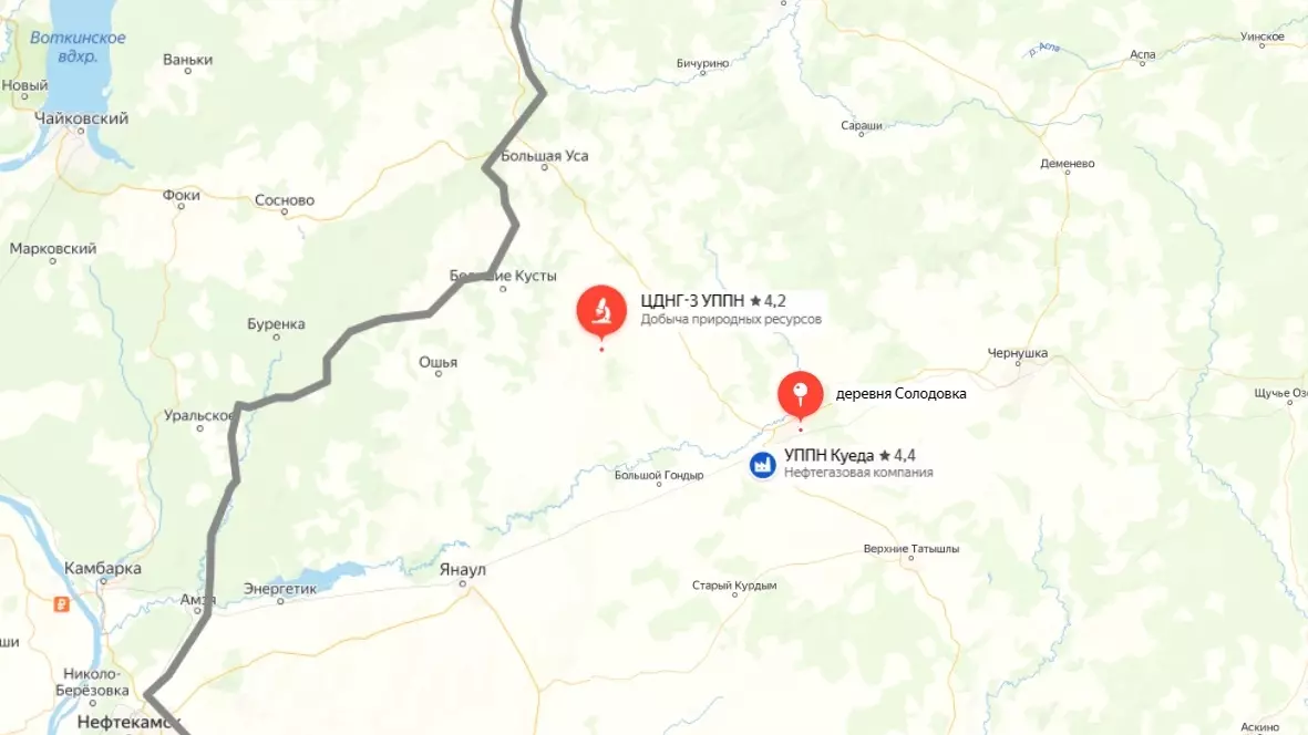 ЦДНГ-2 находится в непосредственной близости от Солодовки в Куеде, от нее идет ветка газопровода к магистральному.