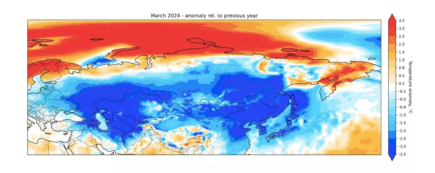 Март 2024 года, аномалии в температуре по сравнению с прошлым годом