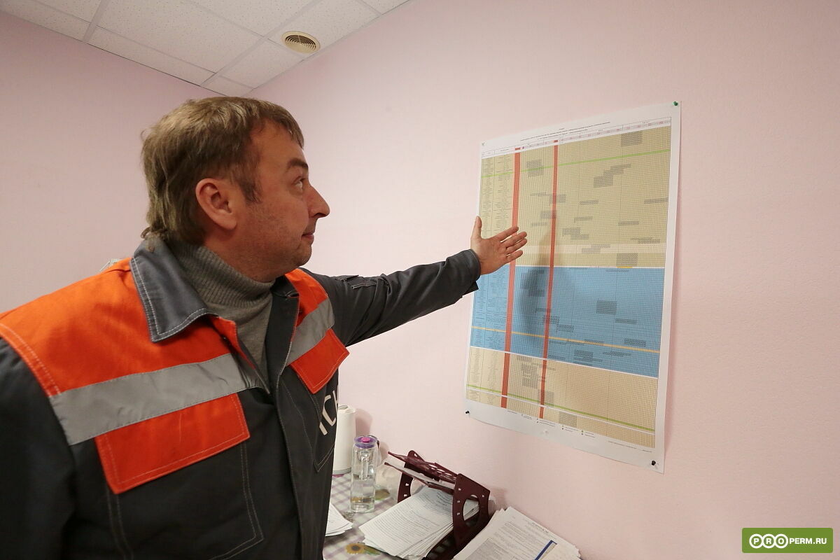 Владислав Азанов демонстрирует график ремонтов тепловых сетей минувшим летом – он был исполнен на 100%