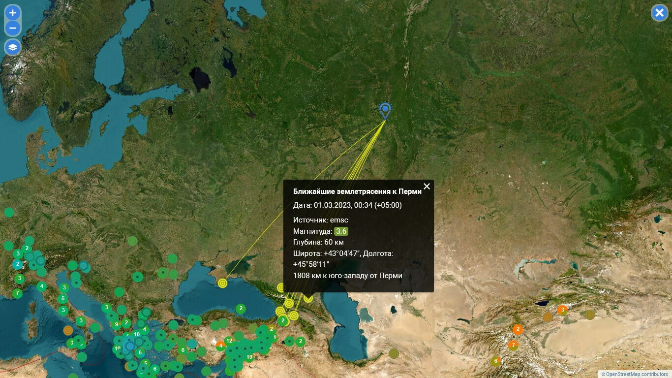 Карта землетрясений в Перми